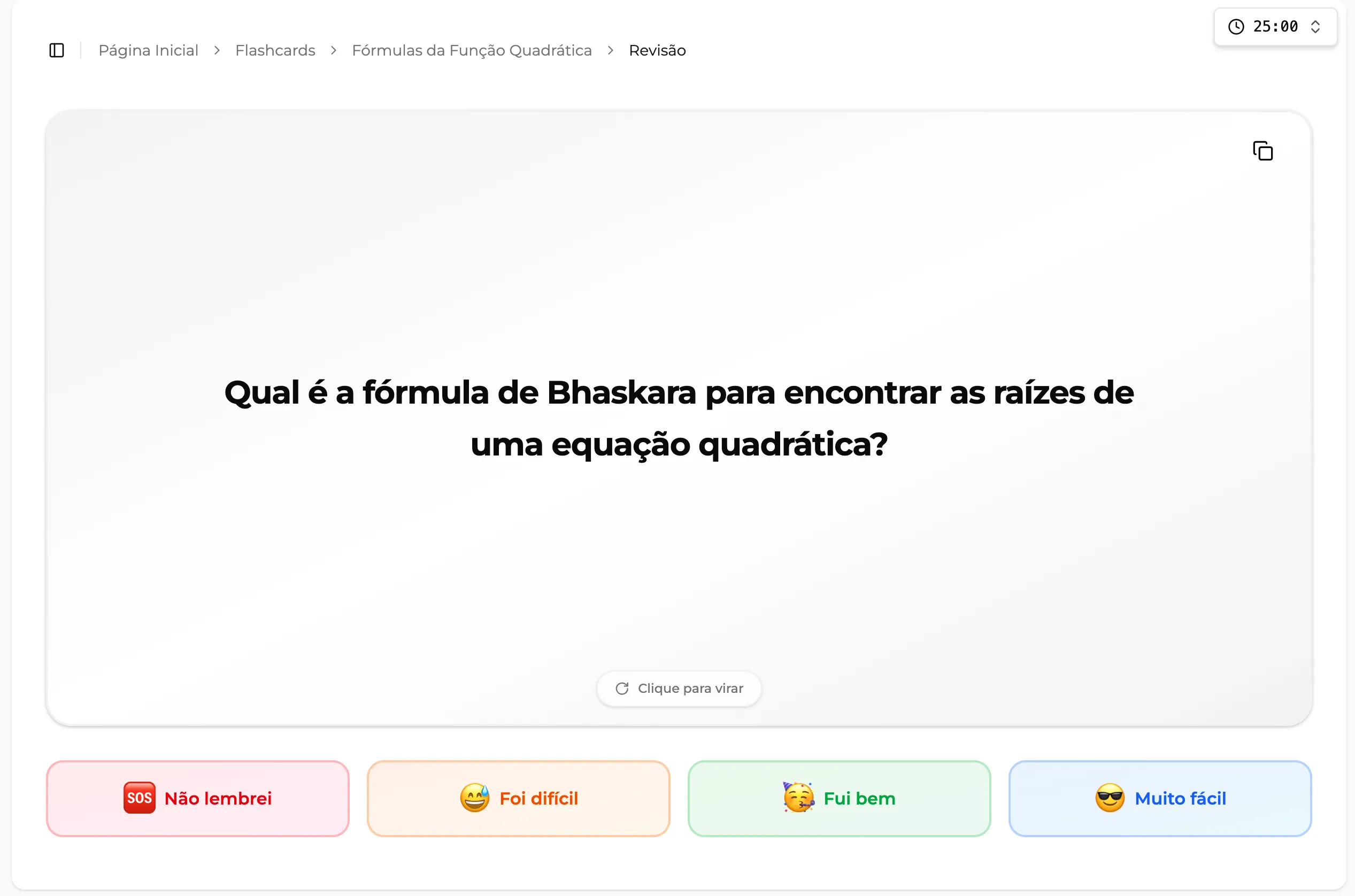 Interface de revisão da Didata mostrando flashcard e opções de dificuldade